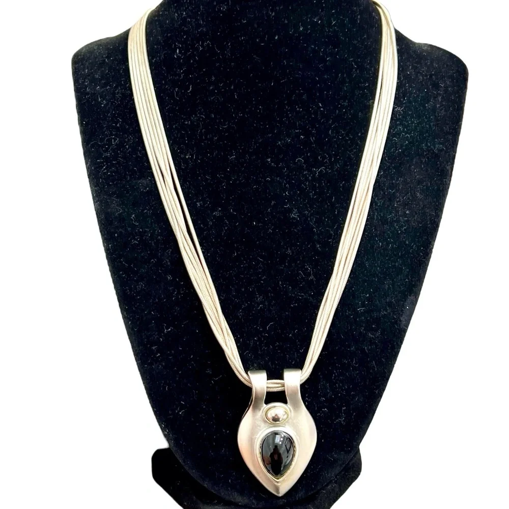 VINTAGE 6 CHAIN SILVER TONE NECKLACE WITH TEARDROP PENDANT WITH BLACK STONE